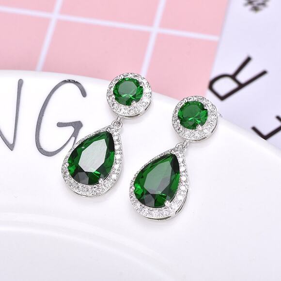 Women's Drop Dangle Emerald Simulated Silver Tone Earrings - Picture 4 of 10